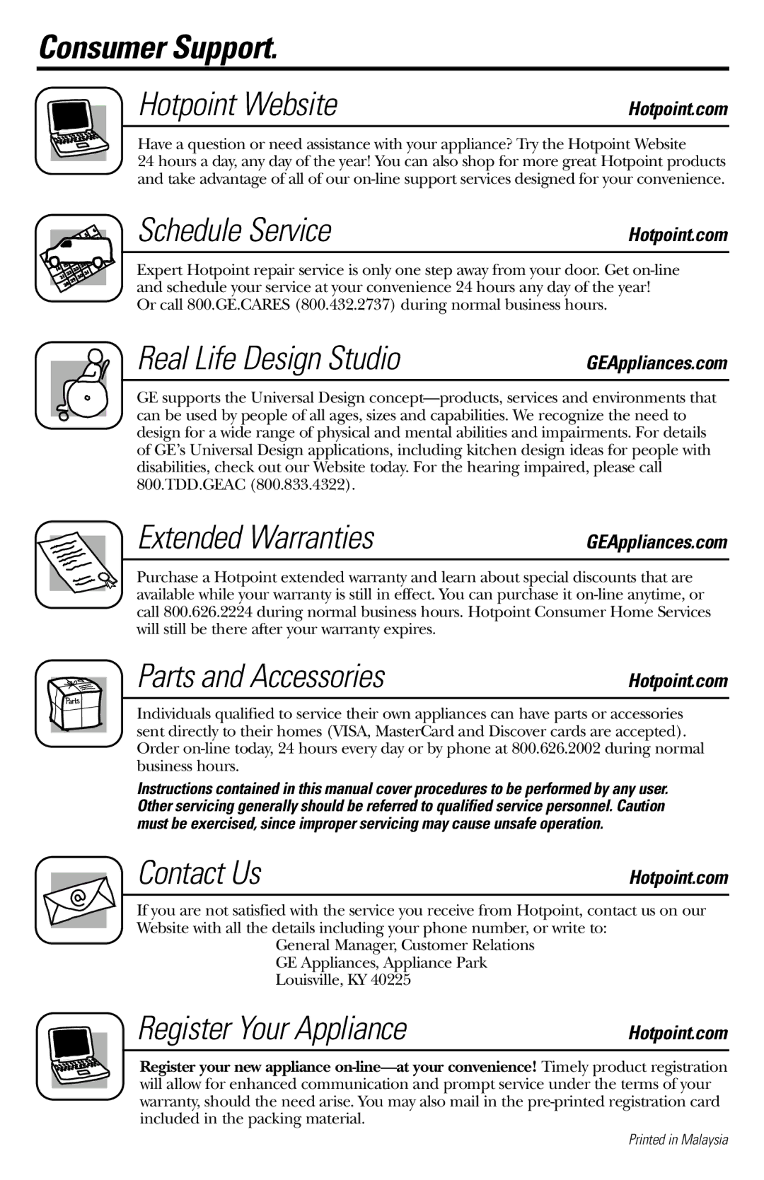 Hotpoint rem25 Consumer Support Hotpoint Website, Schedule Service, Real Life Design Studio, Extended Warranties 