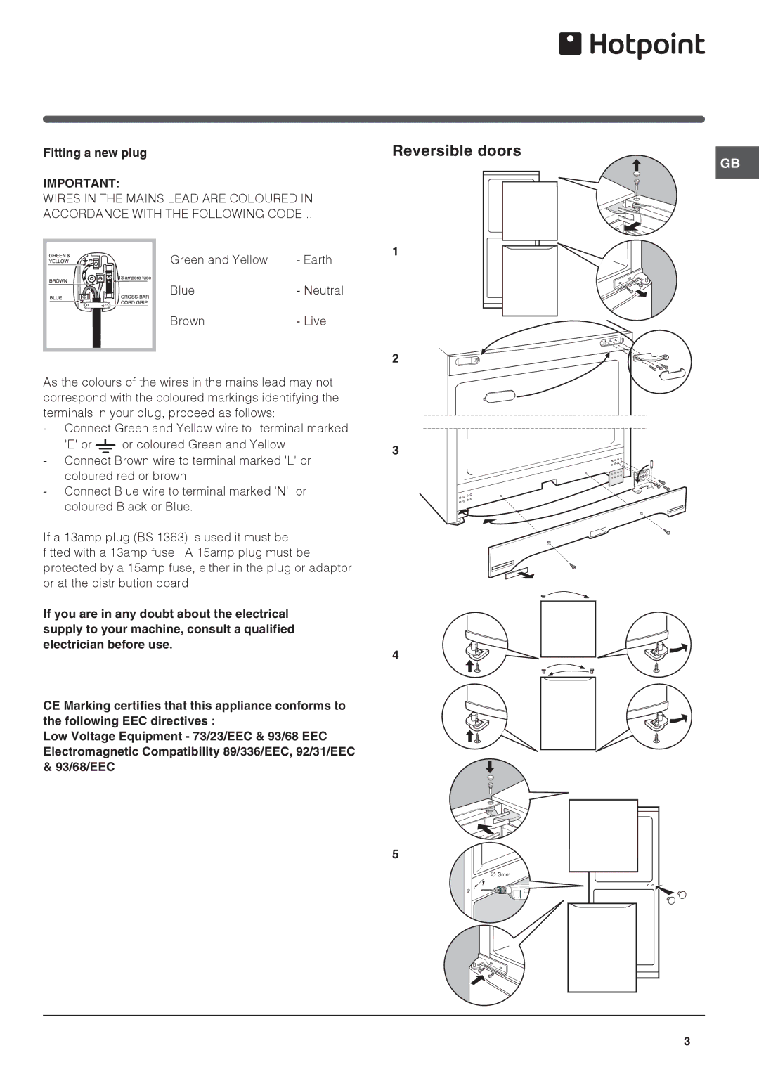 Hotpoint REFRIGERATOR/FREEZER COMBINATION, RF 175WP, RF175MP, RF175MG manual Reversible doors, Fitting a new plug 