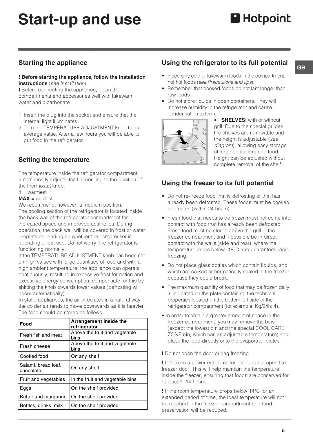 Hotpoint RF175MP, RF 175WP, RF175MG manual Start-up and use, Starting the appliance, Setting the temperature 