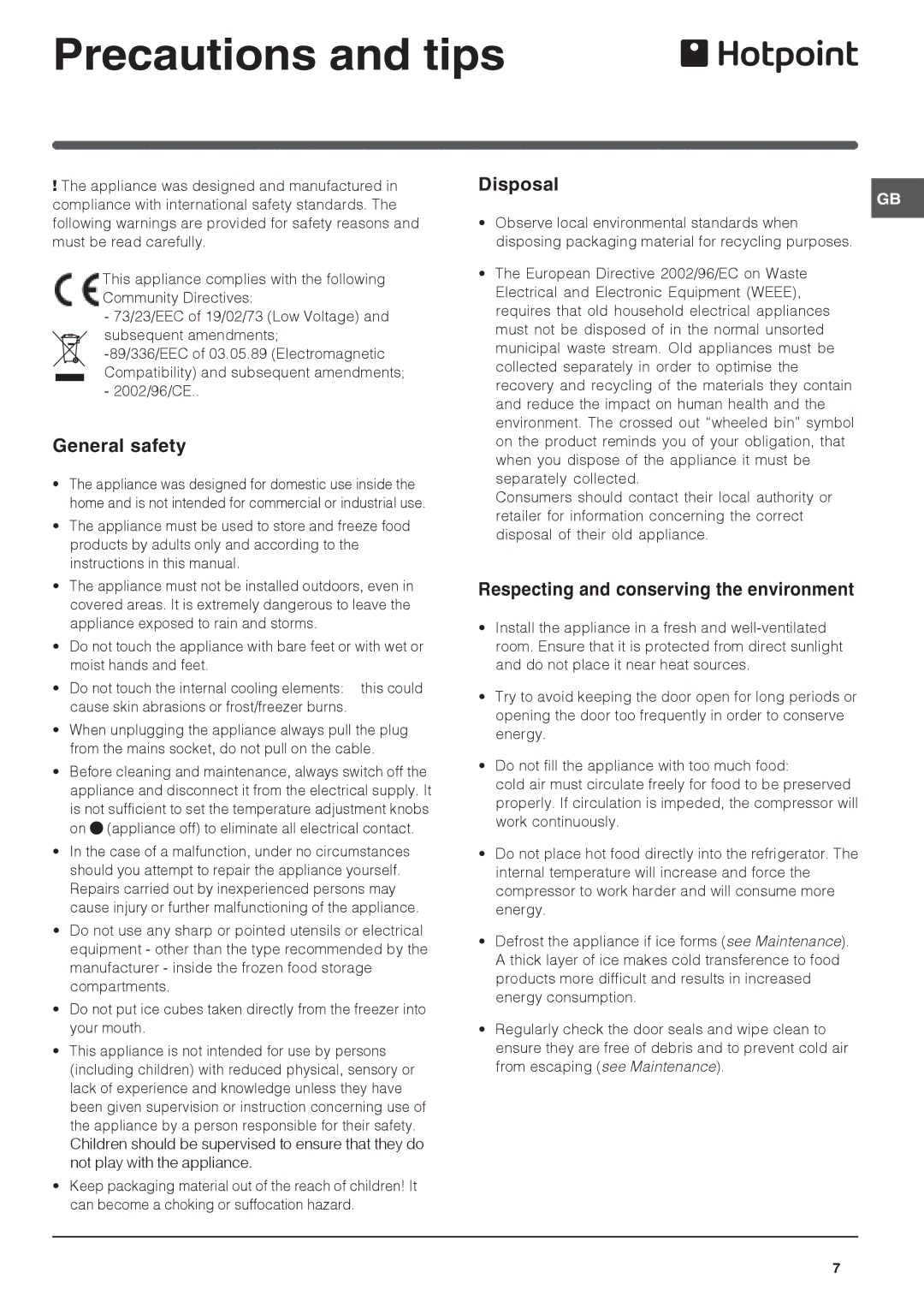 Hotpoint REFRIGERATOR/FREEZER COMBINATION, RF 175WP, RF175MP, RF175MG manual Precautions and tips, General safety, Disposal 