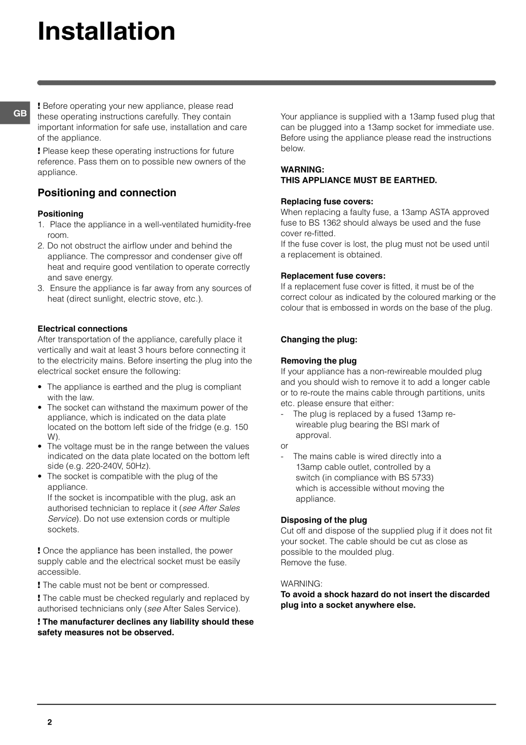 Hotpoint RF175B, RF187B manual Installation, Positioning and connection 