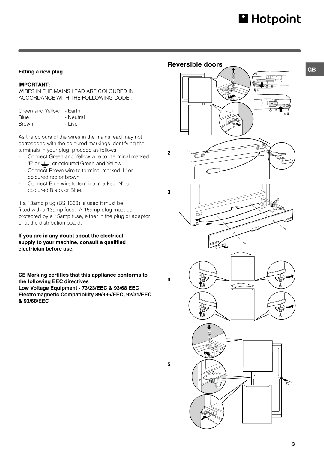 Hotpoint RF187B, RF175B manual Reversible doors, Fitting a new plug 