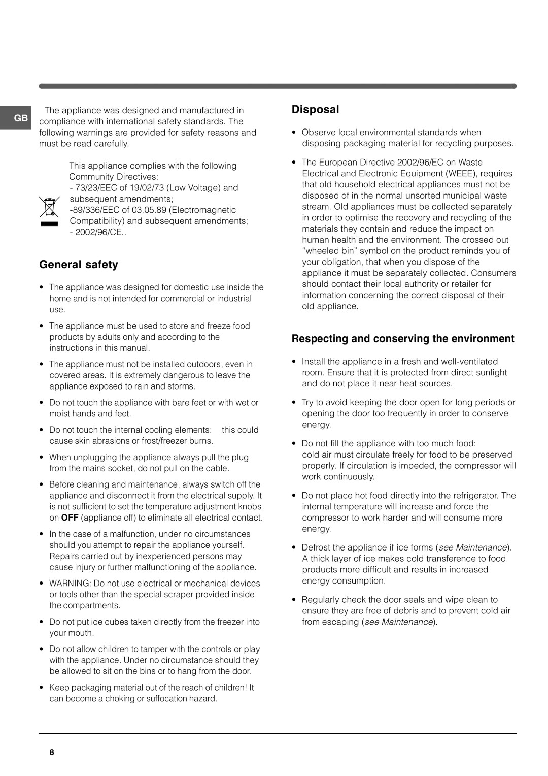 Hotpoint RF175B, RF187B manual Precautions and tips, General safety, Disposal, Respecting and conserving the environment 