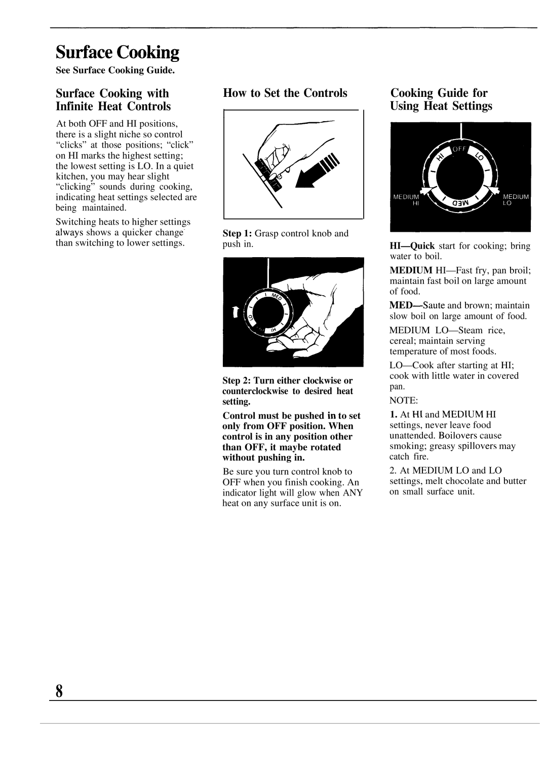 Hotpoint RF725GP Sudace Cooting, How to Set the Controls, Cooking Guide for Using Heat Settings, See Surface Cooking Guide 