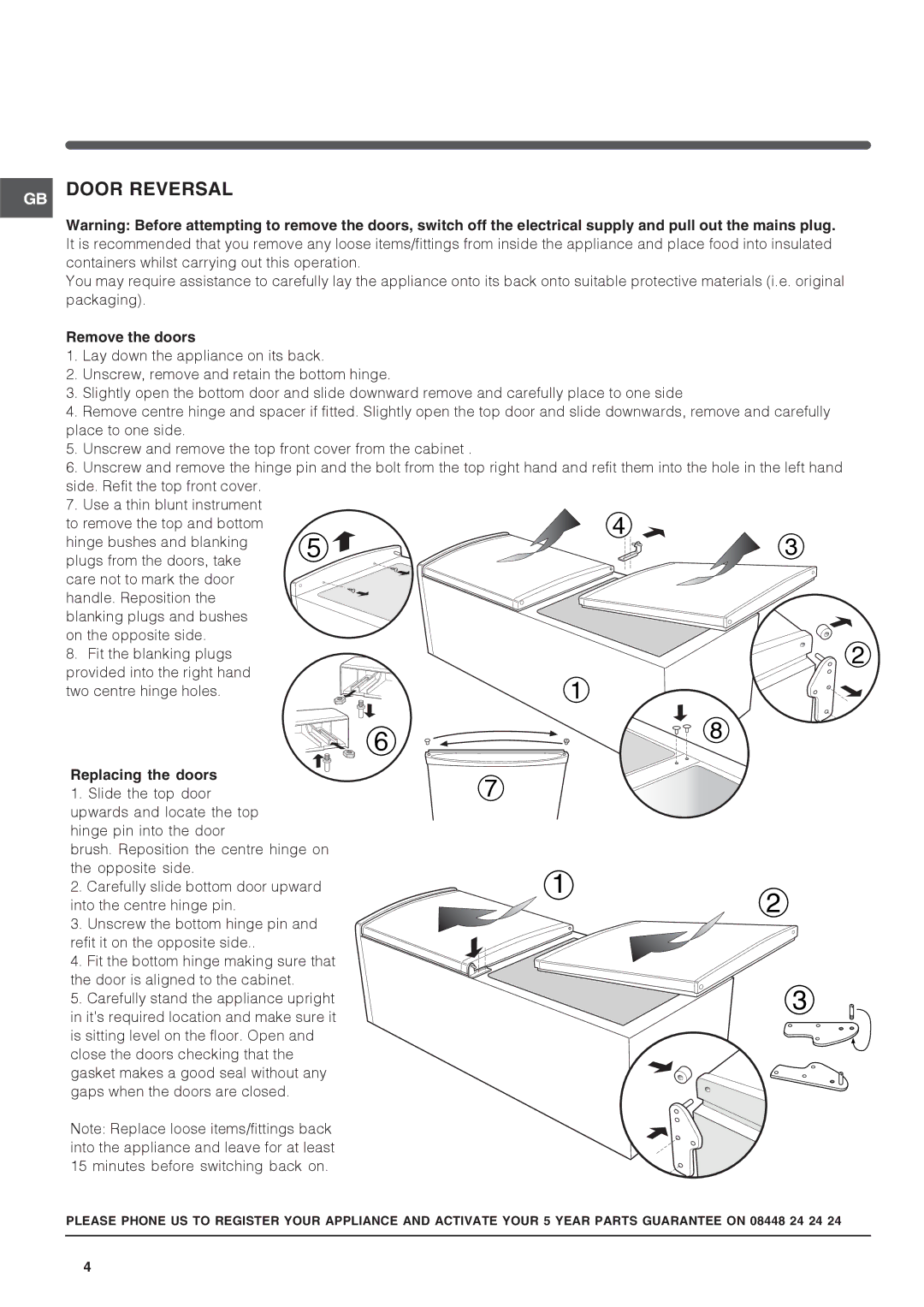 Hotpoint RFA52 manual Remove the doors, Replacing the doors 