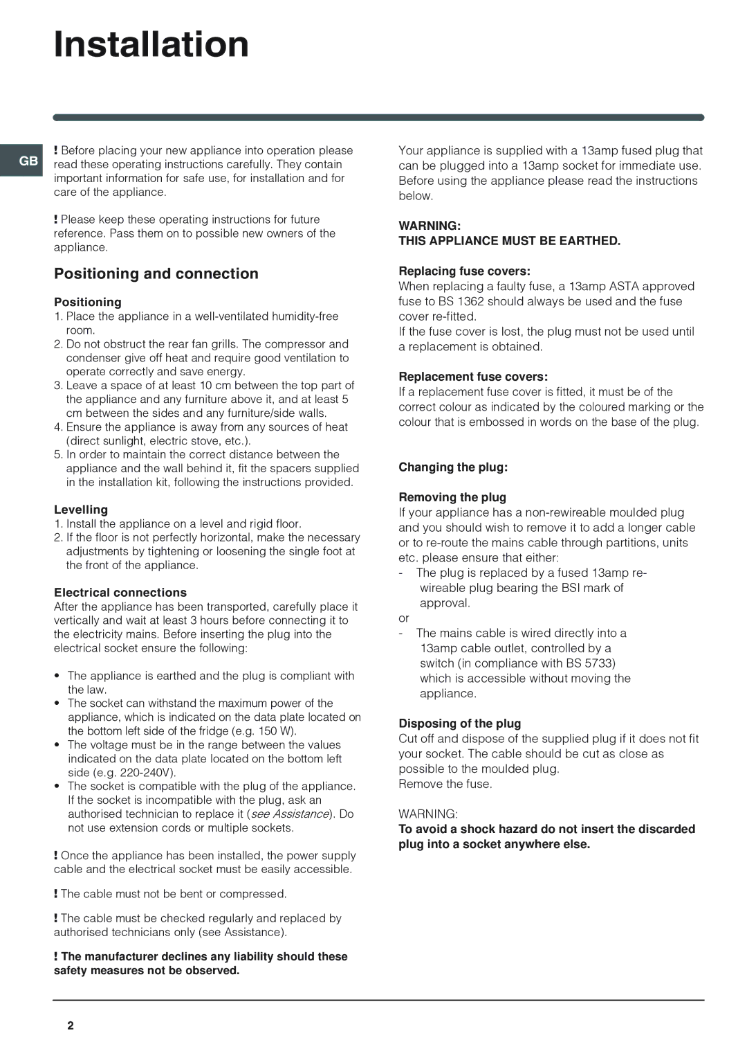 Hotpoint RFA52K operating instructions Installation, Positioning and connection, Levelling, Electrical connections 