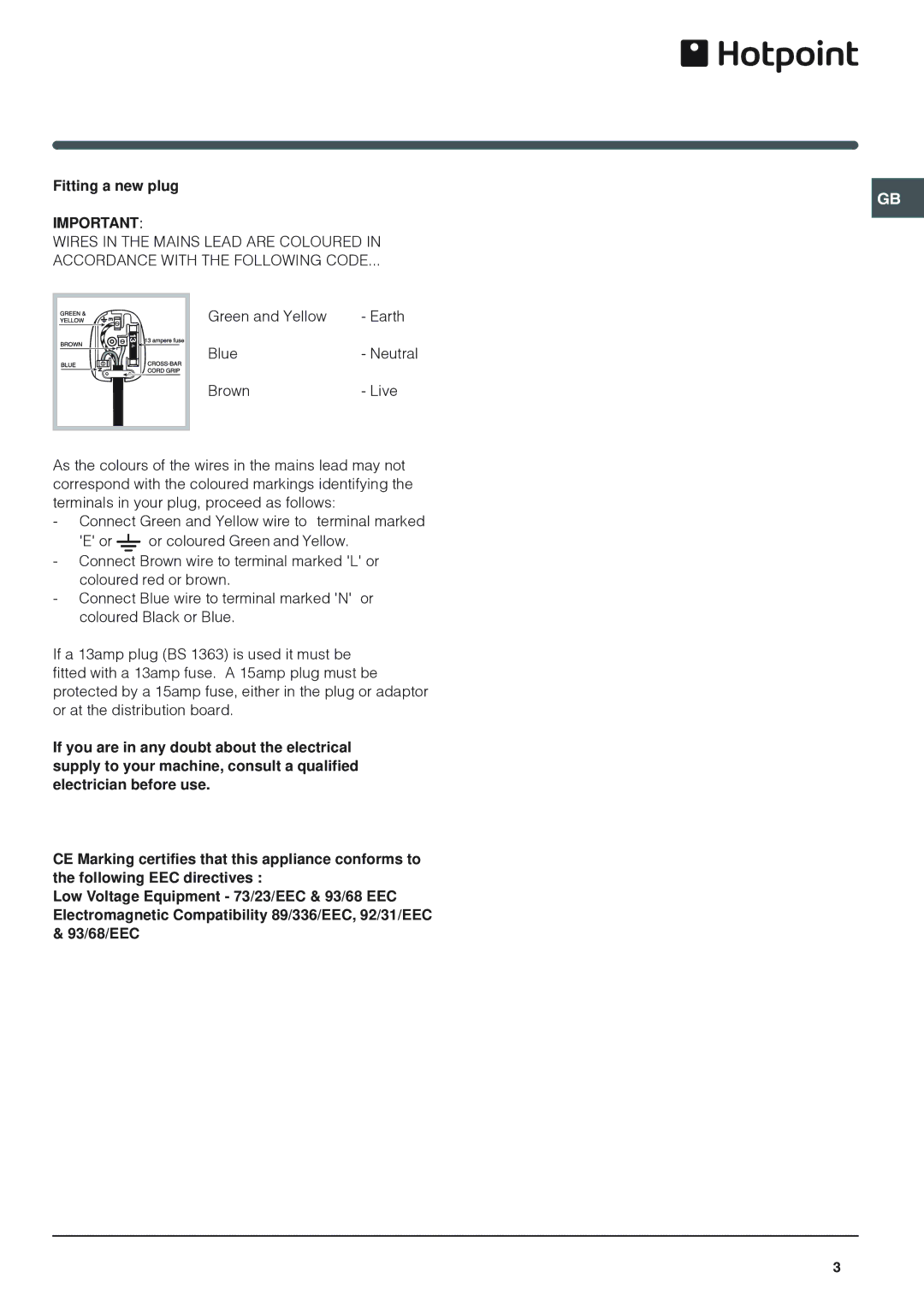 Hotpoint RFA52K operating instructions Fitting a new plug 