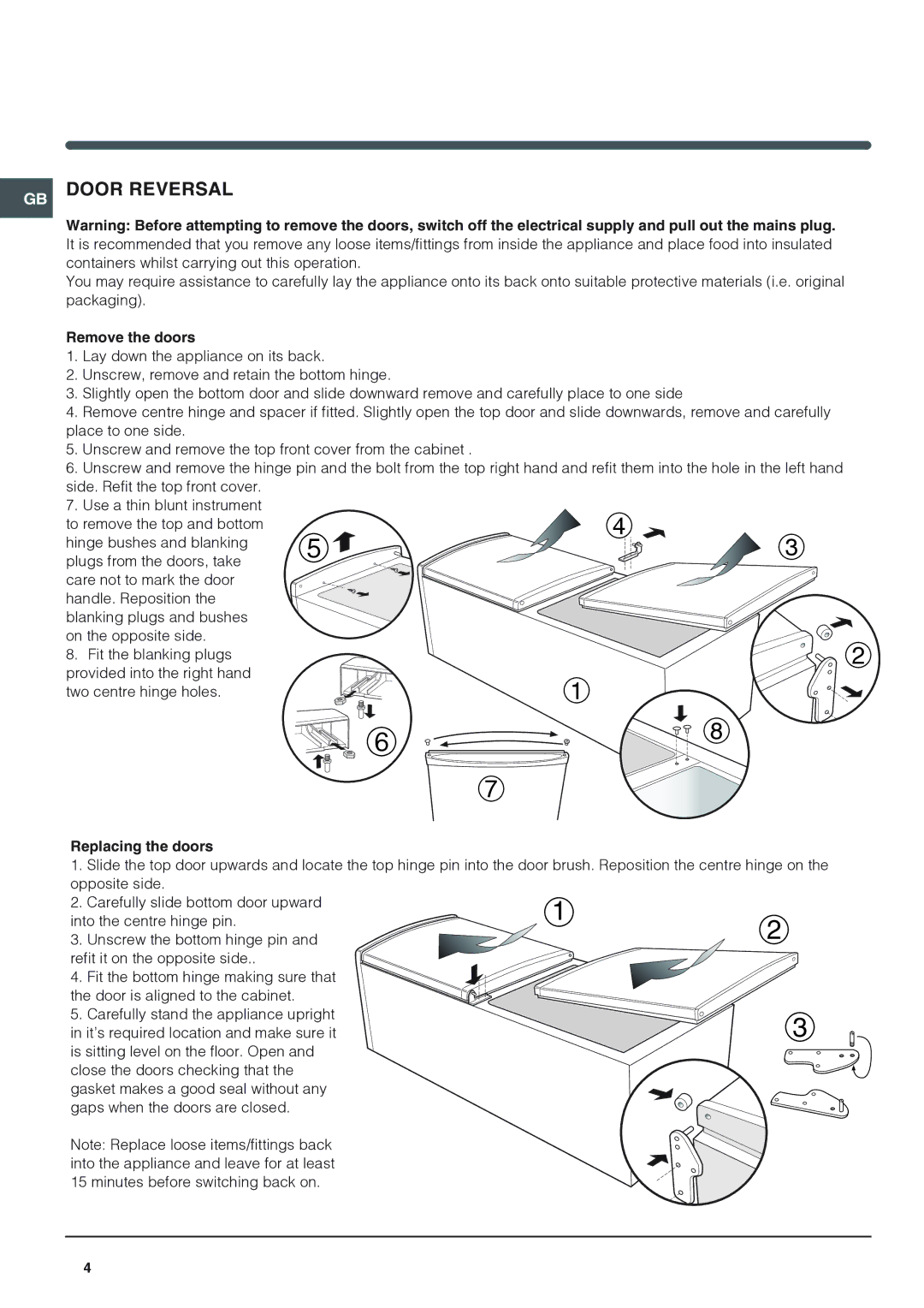 Hotpoint RFA52K operating instructions Remove the doors, Replacing the doors 