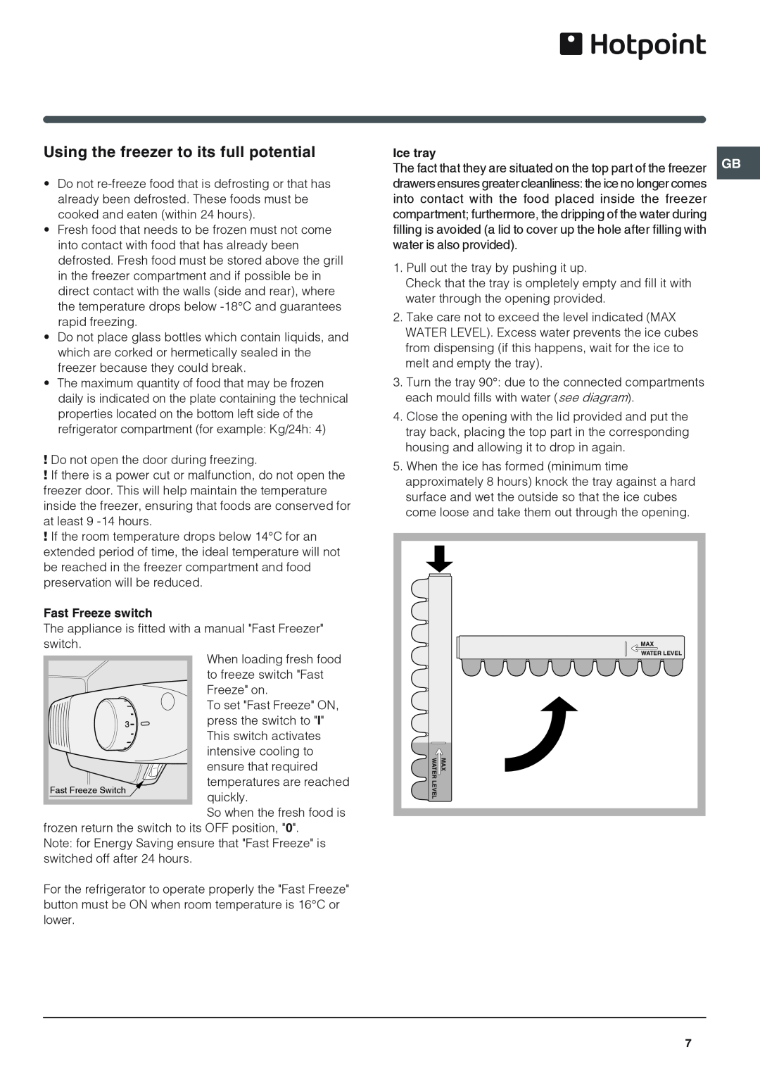 Hotpoint RFA52K operating instructions Using the freezer to its full potential, Fast Freeze switch, Ice tray 