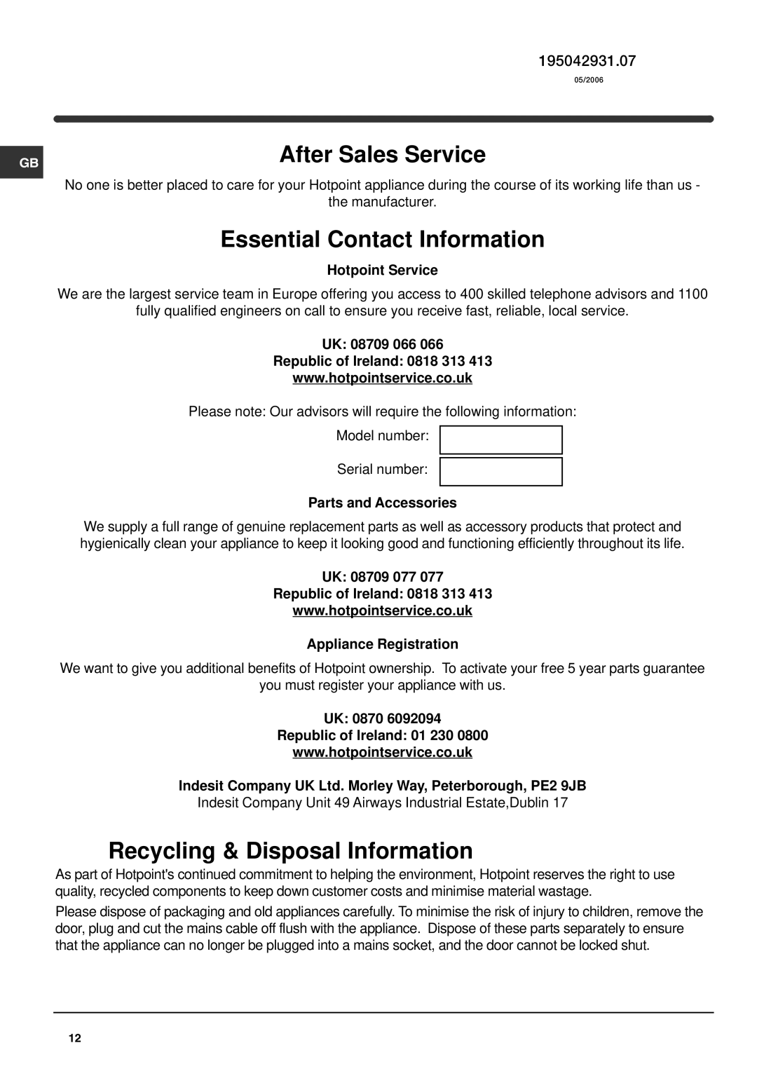 Hotpoint RFA52P, RFA52S, RFA52T operating instructions After Sales Service 