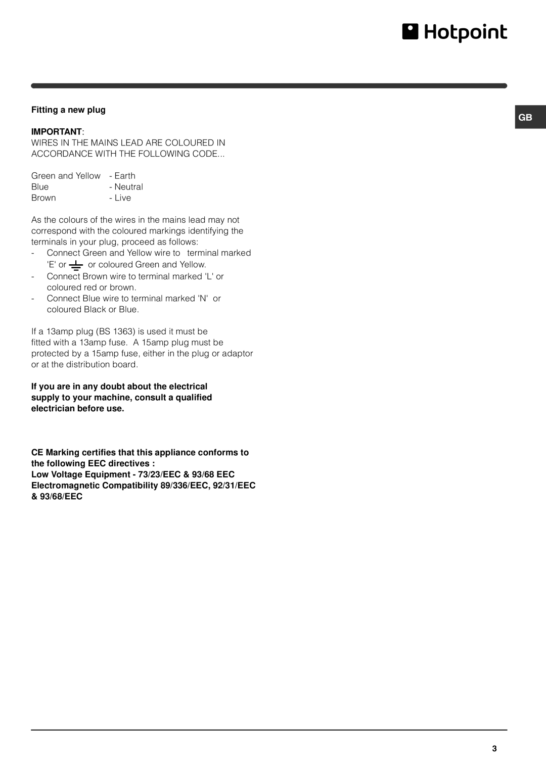 Hotpoint RFA52P, RFA52S, RFA52T operating instructions Fitting a new plug 