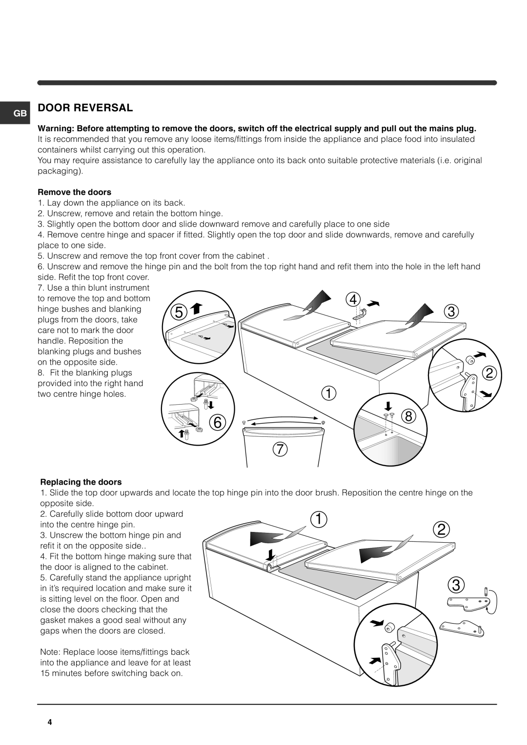 Hotpoint RFA52S, RFA52P, RFA52T operating instructions Remove the doors, Replacing the doors 