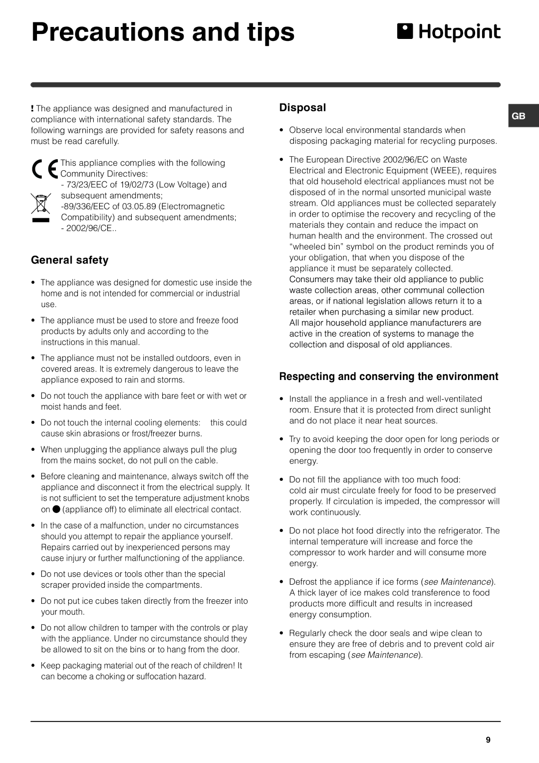 Hotpoint RFA52P, RFA52S, RFA52T Precautions and tips, General safety, Disposal, Respecting and conserving the environment 