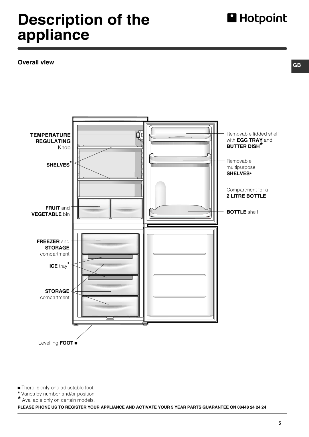 Hotpoint NRFAA50 x Description of the appliance, With EGG Tray, Fruit Bottle shelf Vegetable bin Freezer, ICE tray 