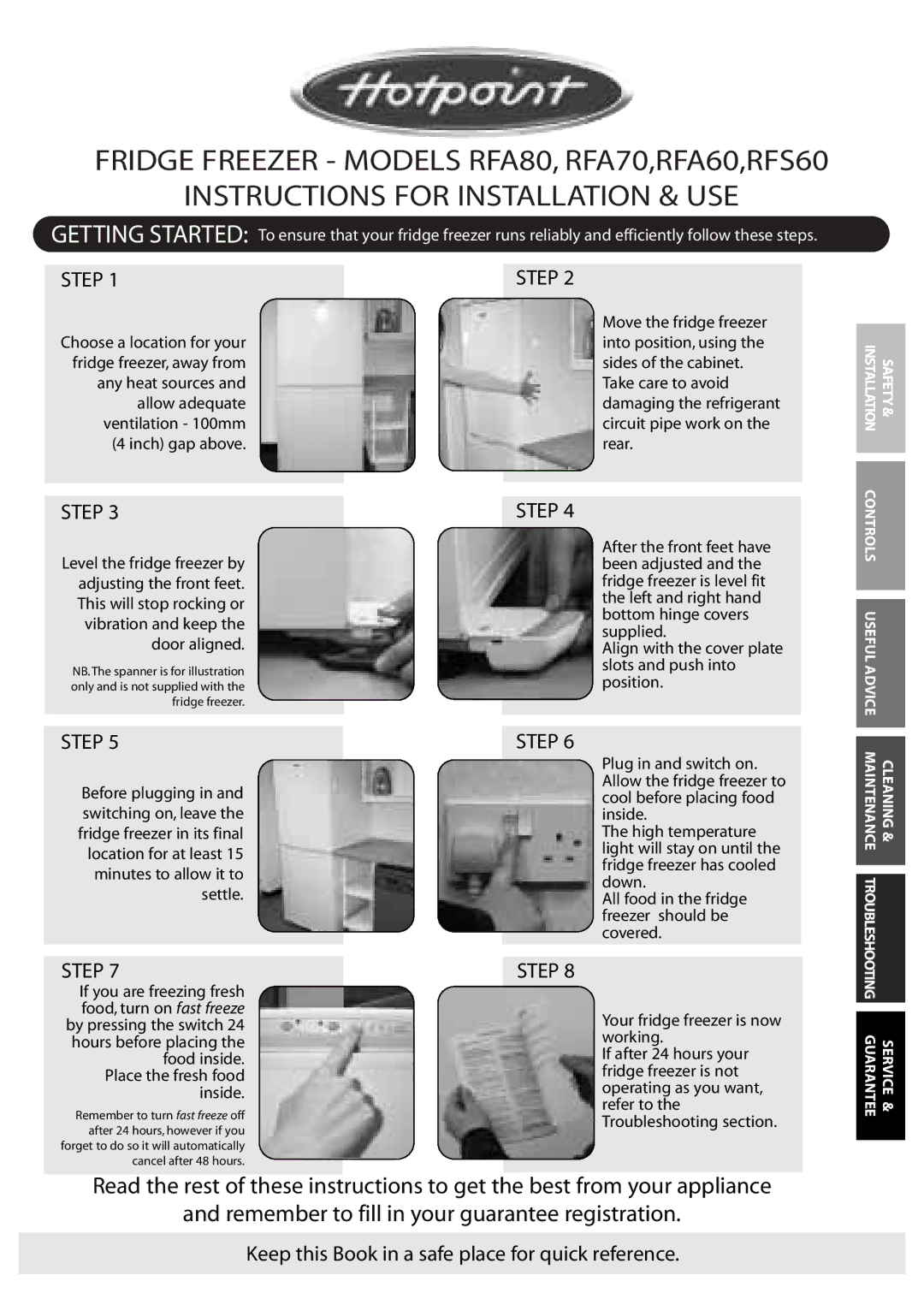 Hotpoint RFA80, RFA70, RFA60, RFS60 manual Instructions for Installation & USE 