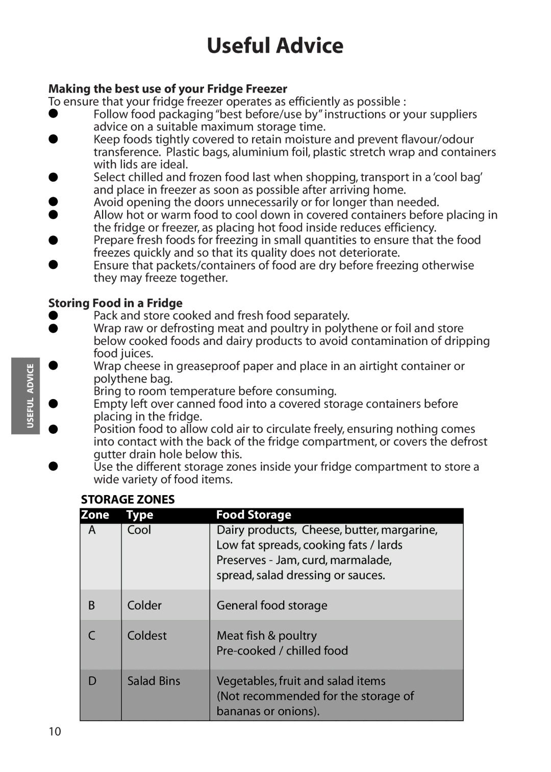 Hotpoint RFA60, RFA70, RFA80, RFS60 manual Making the best use of your Fridge Freezer, Storing Food in a Fridge 