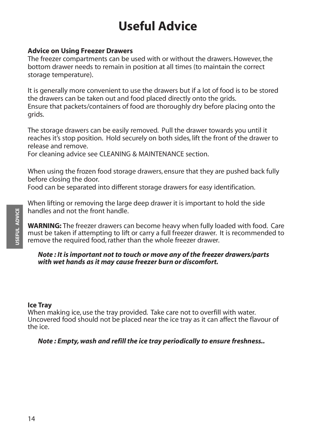 Hotpoint RFA60, RFA70, RFA80, RFS60 manual Advice on Using Freezer Drawers, Ice Tray 