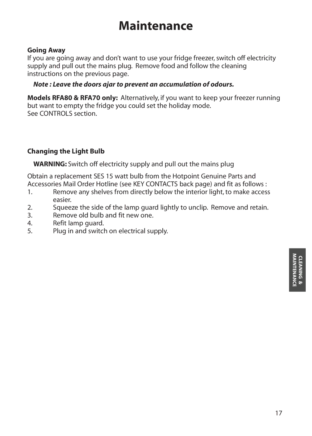 Hotpoint RFA80, RFA70, RFA60, RFS60 manual Maintenance, Going Away, Changing the Light Bulb 