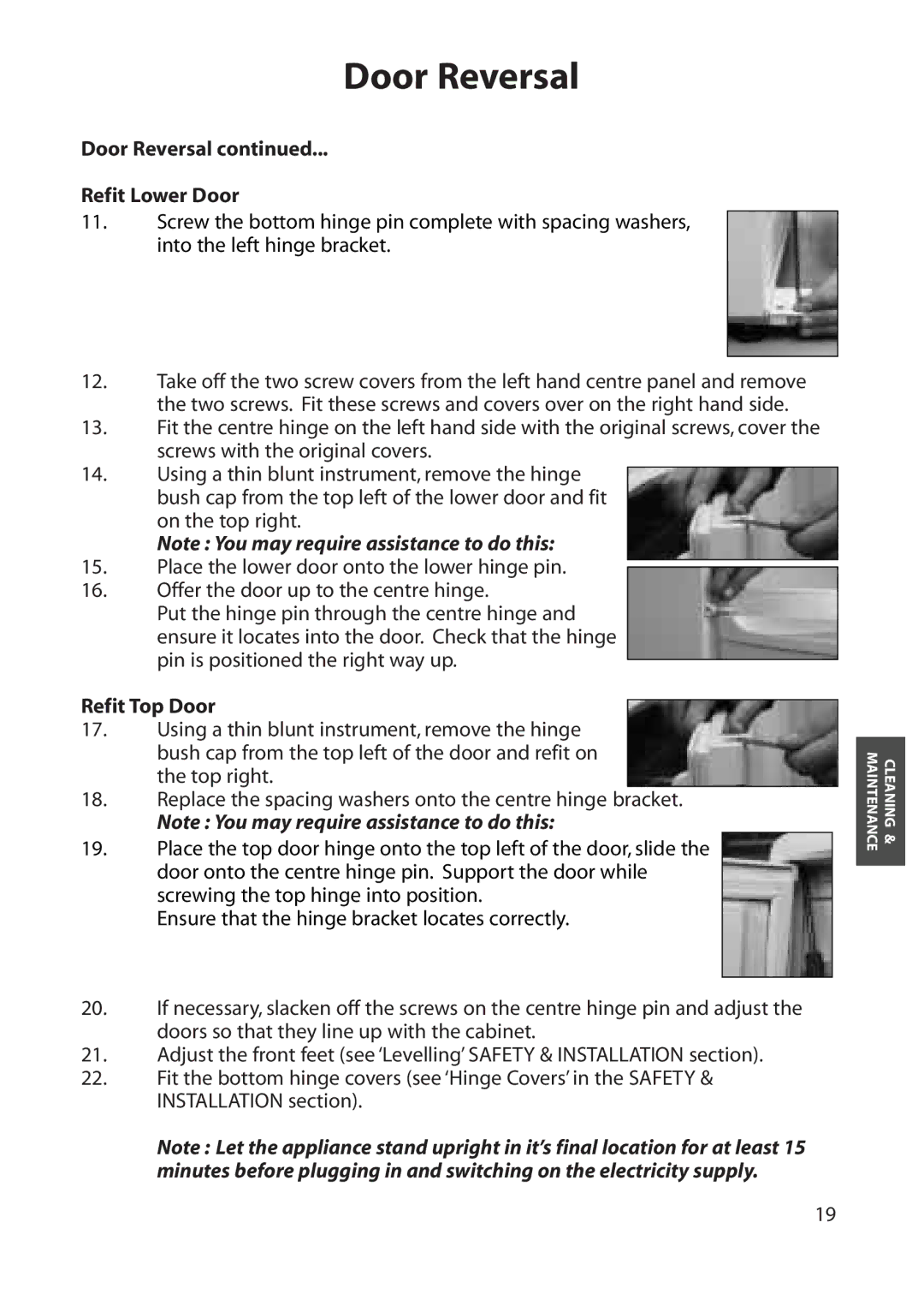 Hotpoint RFS60, RFA70, RFA80, RFA60 manual Door Reversal Refit Lower Door, Refit Top Door 