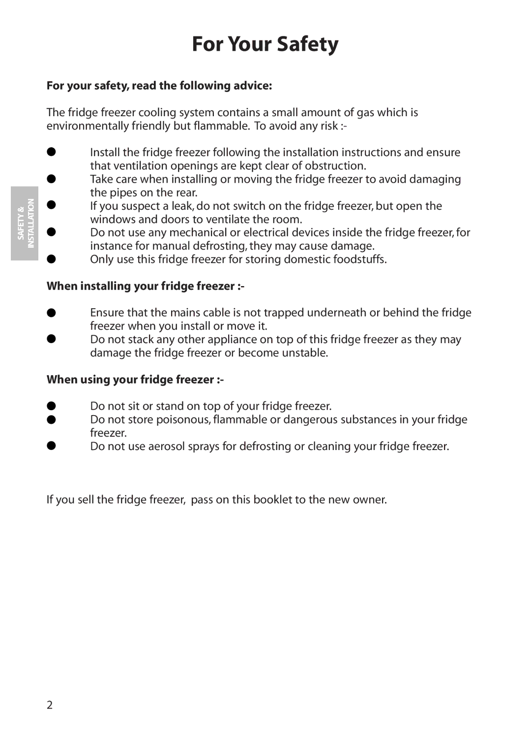 Hotpoint RFA60, RFA70 For Your Safety, For your safety, read the following advice, When installing your fridge freezer 