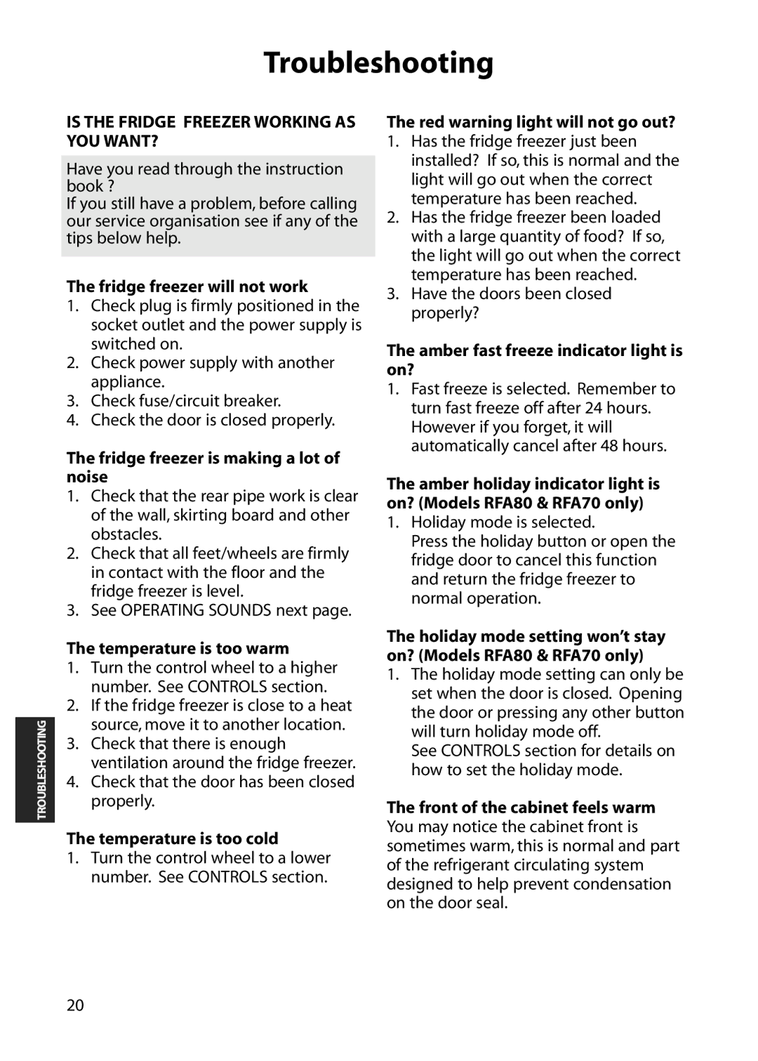 Hotpoint RFA70, RFA80, RFA60, RFS60 manual Troubleshooting 