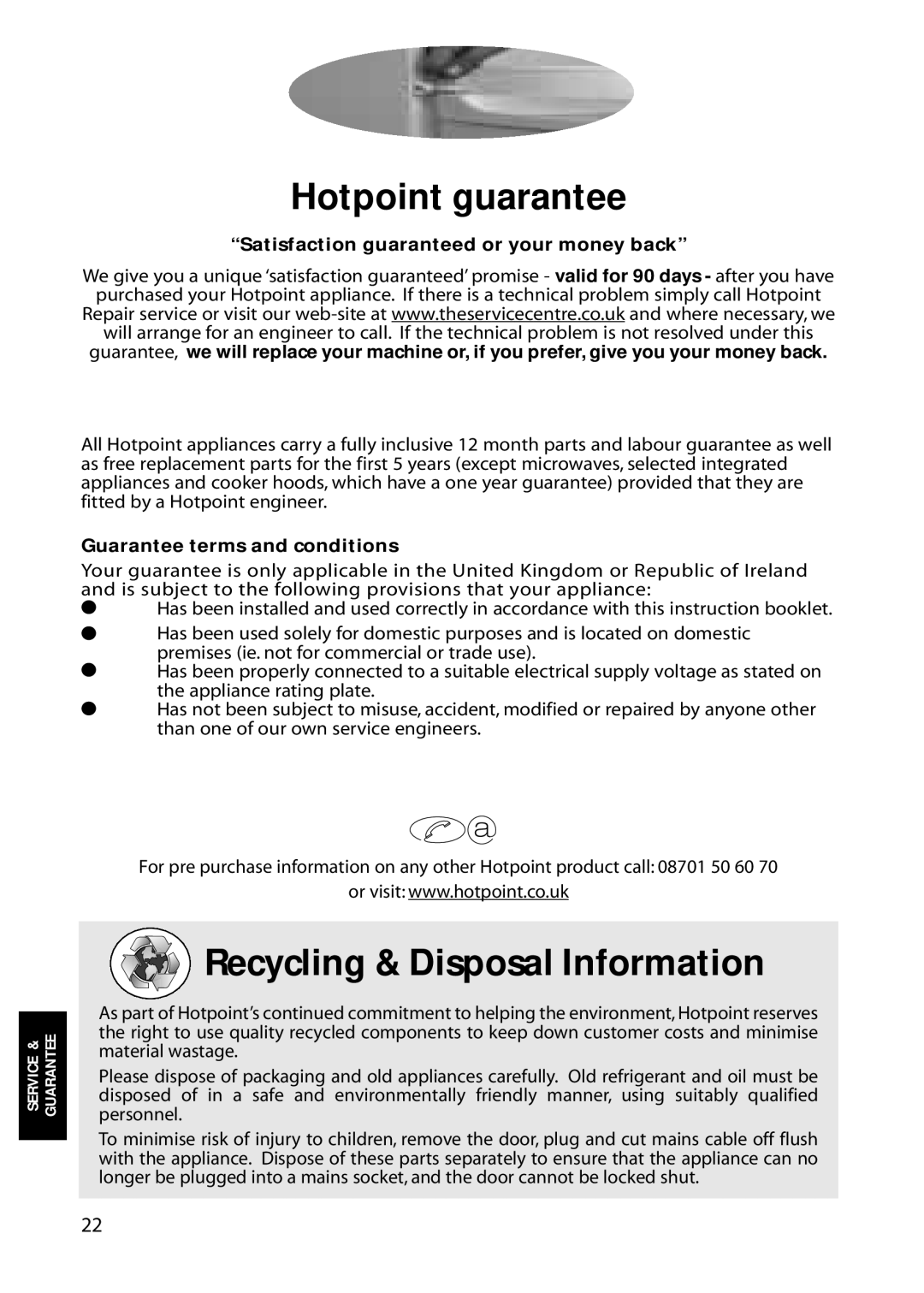 Hotpoint RFA60, RFA70, RFA80, RFS60 manual Hotpoint guarantee, Recycling & Disposal Information 