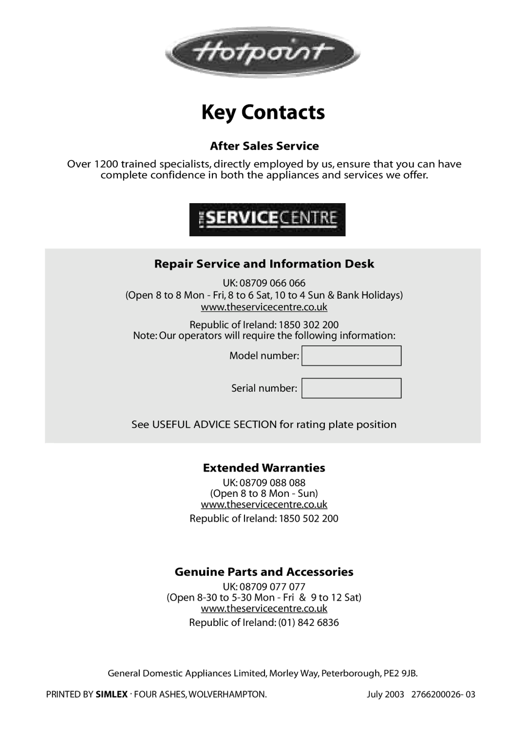 Hotpoint RFA70, RFA80, RFA60 Key Contacts, After Sales Service, Repair Service and Information Desk, Extended Warranties 