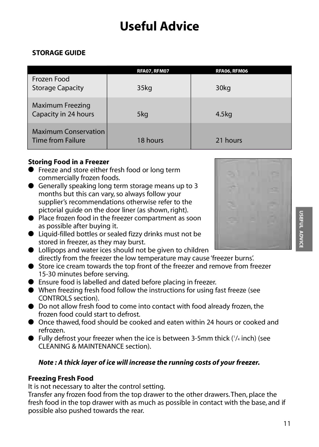 Hotpoint RFA07, RFM06, RFM07, RFA06 manual Storage Guide, Storing Food in a Freezer, Freezing Fresh Food 