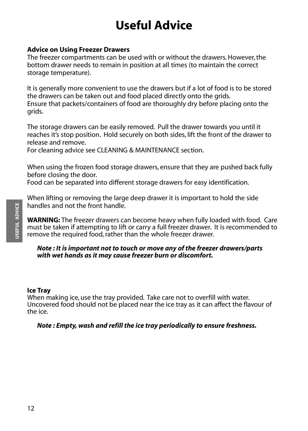 Hotpoint RFM06, RFM07, RFA06, RFA07 manual Advice on Using Freezer Drawers, Ice Tray 