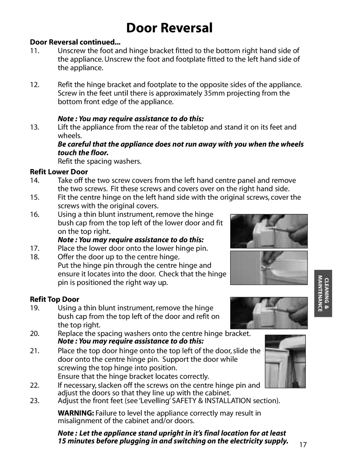 Hotpoint RFM07, RFM06, RFA06, RFA07 manual Refit Lower Door, Refit Top Door 