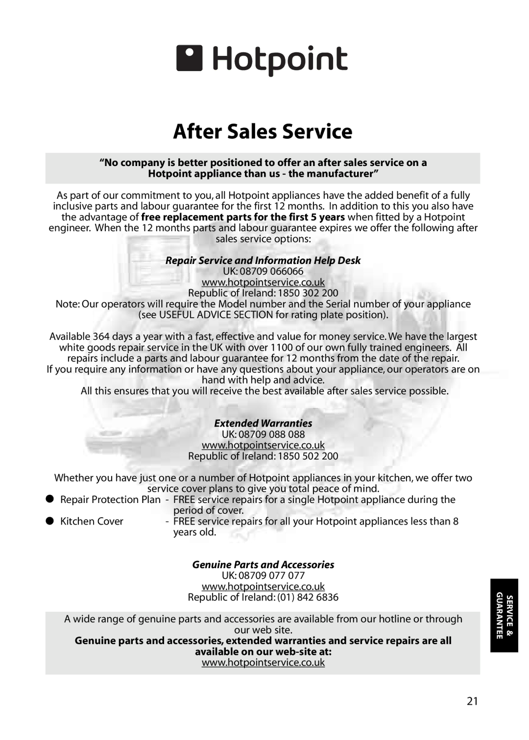 Hotpoint RFM07, RFM06, RFA06, RFA07 manual After Sales Service, Repair Service and Information Help Desk 