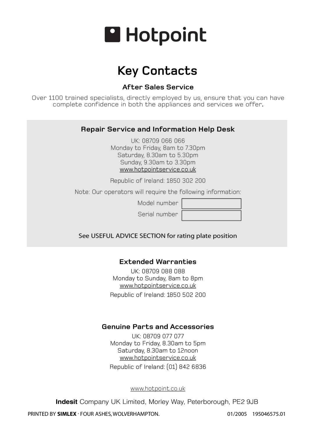 Hotpoint RFM06, RFM07 Key Contacts, After Sales Service, Repair Service and Information Help Desk, Extended Warranties 