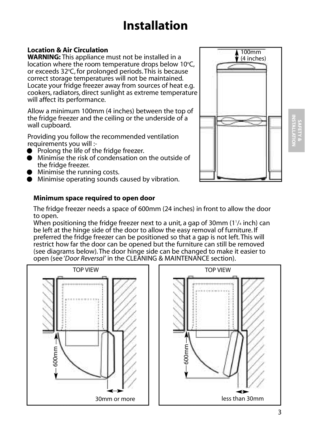 Hotpoint RFA07, RFM06, RFM07, RFA06 manual Installation, Location & Air Circulation, Minimum space required to open door 