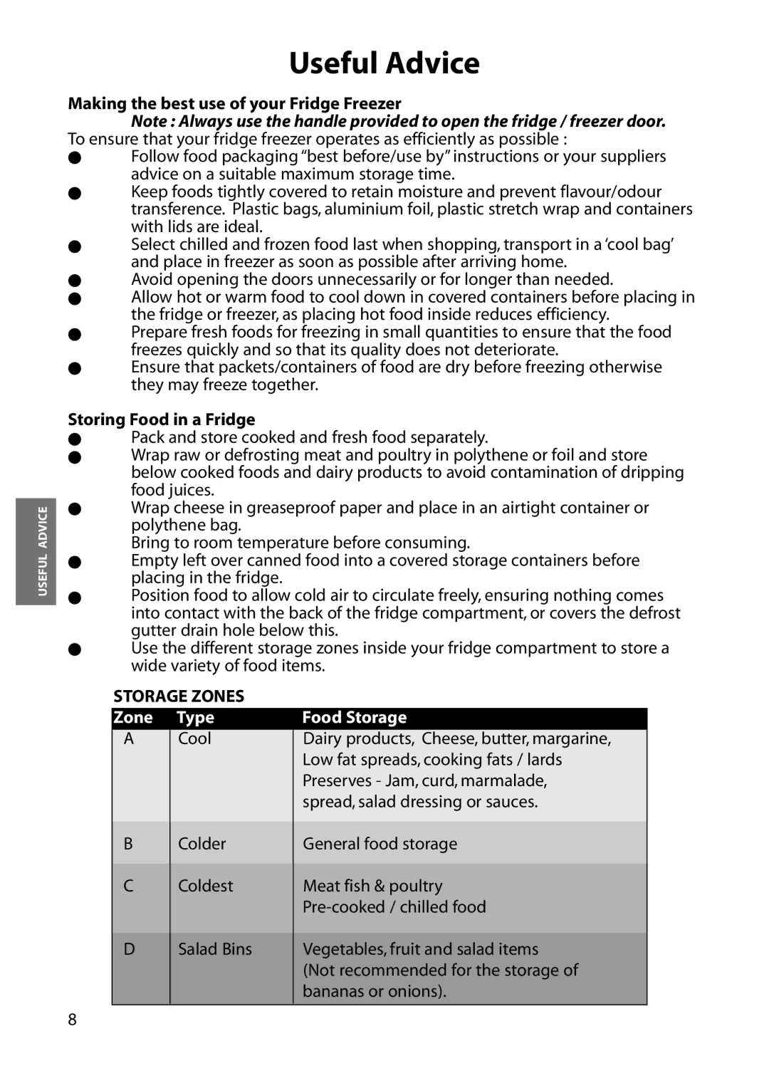 Hotpoint RFM06, RFM07, RFA06, RFA07 manual Making the best use of your Fridge Freezer, Storing Food in a Fridge, Storage Zones 