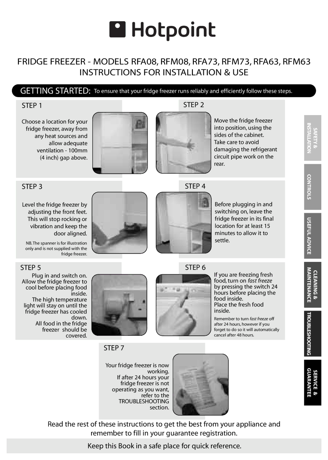 Hotpoint RFA08, RFM08, RFA63, RFA73, RFM63, RFM73 manual Instructions for Installation & USE 