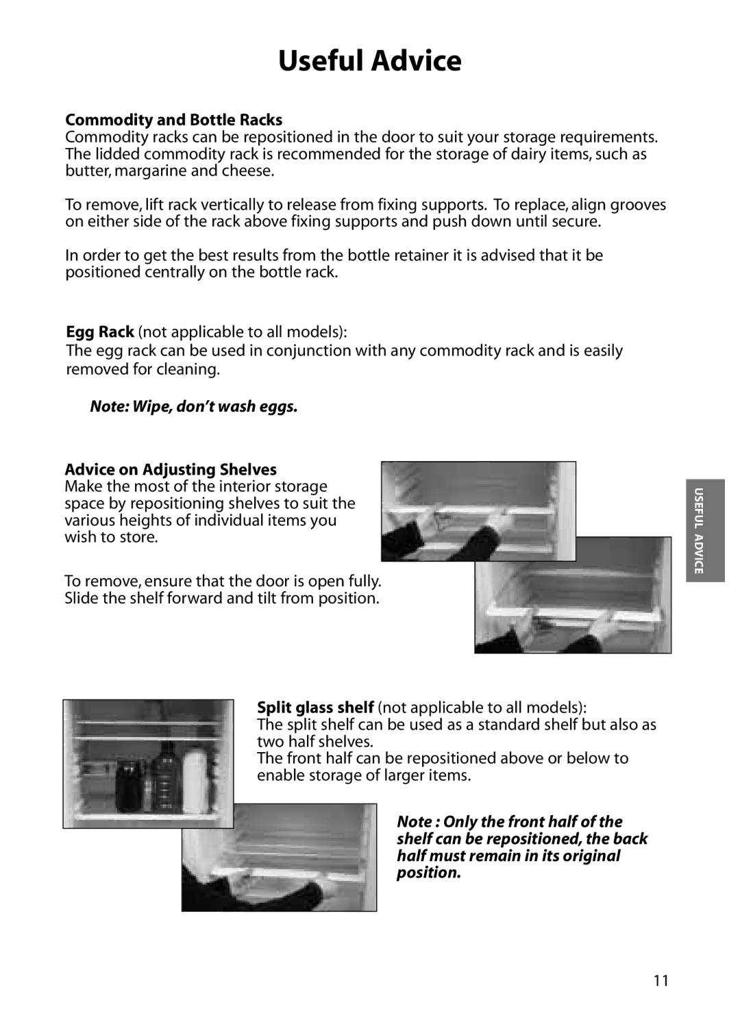 Hotpoint RFM73, RFM08, RFA08, RFA63, RFA73, RFM63 manual Commodity and Bottle Racks, Advice on Adjusting Shelves 