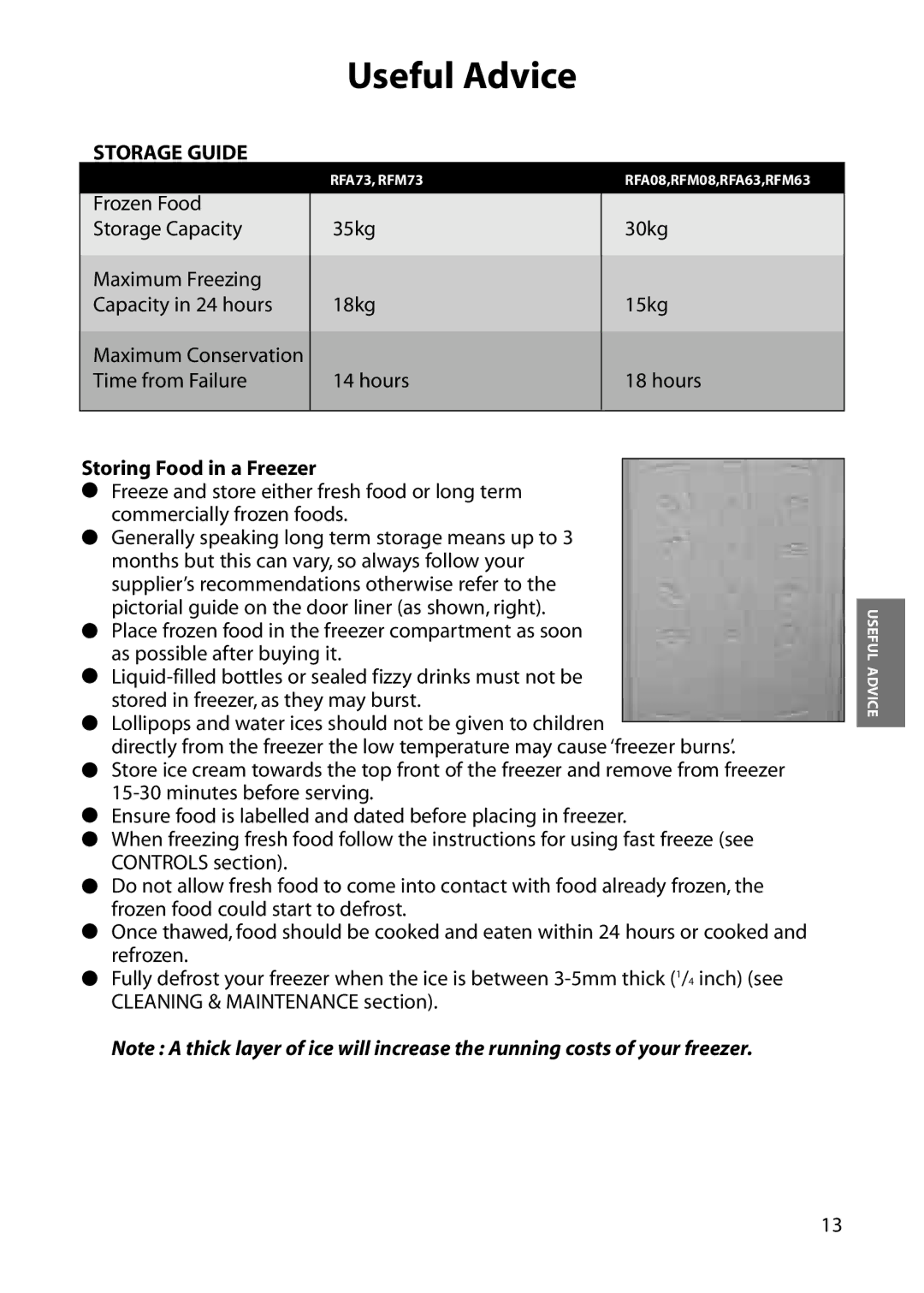 Hotpoint RFA08, RFM08, RFA63, RFA73, RFM63, RFM73 manual Storage Guide, Storing Food in a Freezer 