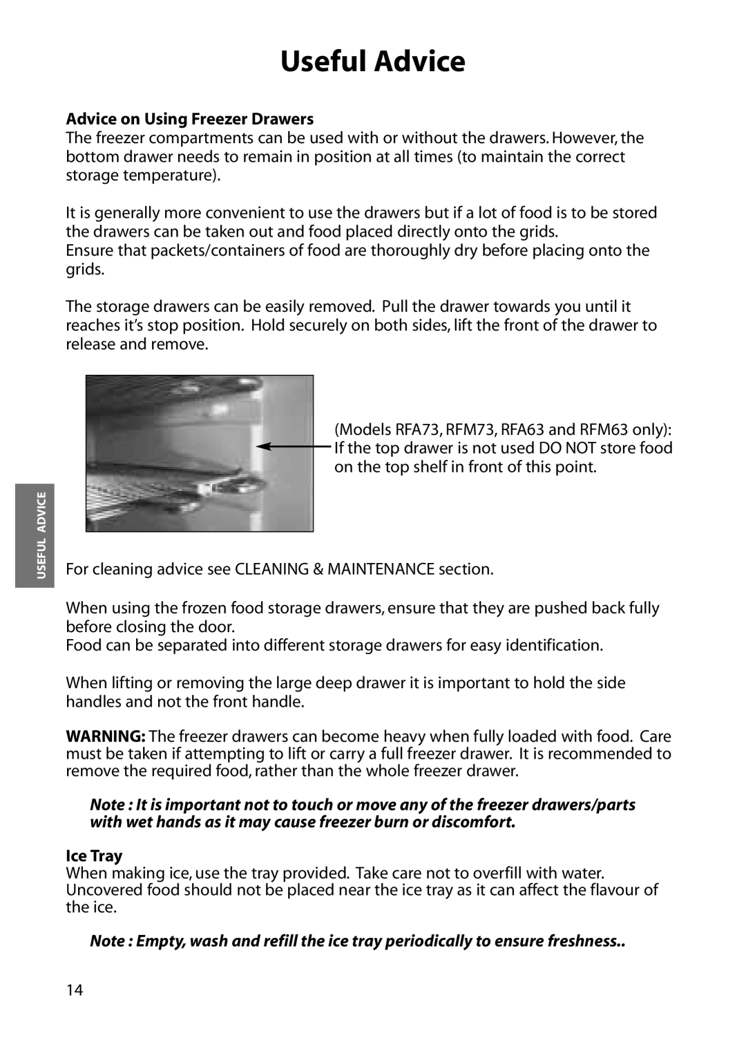 Hotpoint RFA63, RFM08, RFA08, RFA73, RFM63, RFM73 manual Advice on Using Freezer Drawers, Ice Tray 