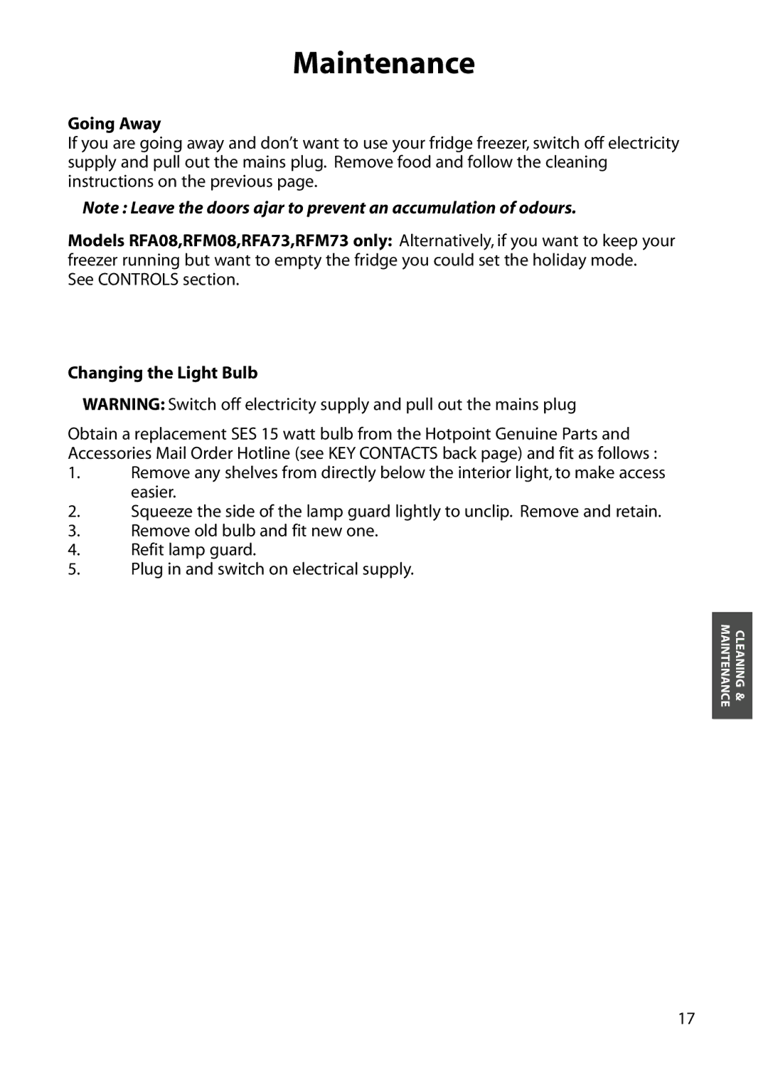 Hotpoint RFM73, RFM08, RFA08, RFA63, RFA73, RFM63 manual Maintenance, Going Away, Changing the Light Bulb 