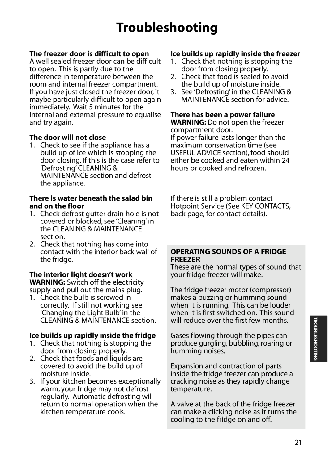 Hotpoint RFA73, RFM08, RFA08, RFA63, RFM63, RFM73 manual Operating Sounds of a Fridge Freezer 