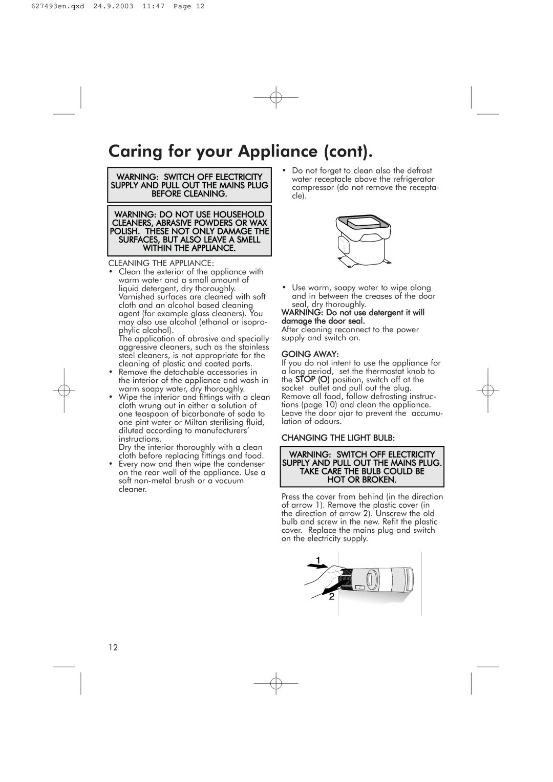 Hotpoint RFR50V manual Cleaning the Appliance 