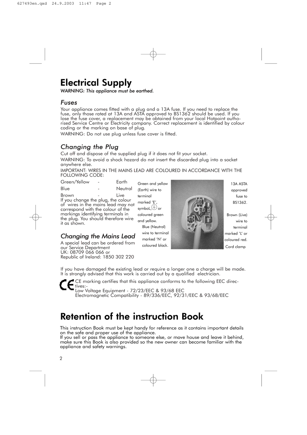 Hotpoint RFR50V manual Electrical Supply 