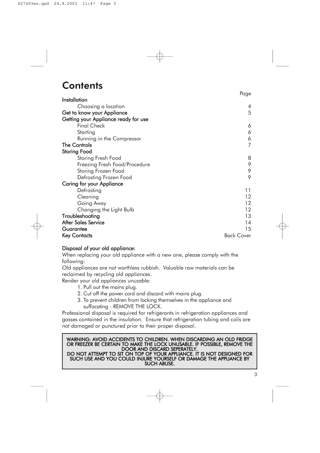 Hotpoint RFR50V manual Contents 