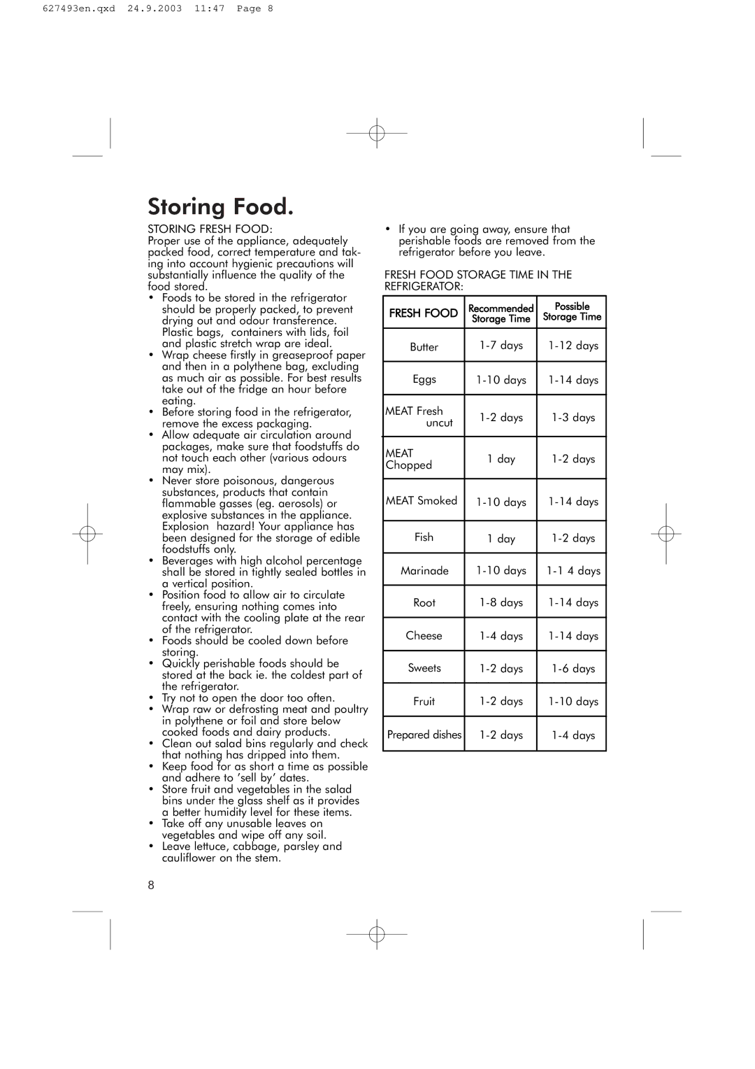 Hotpoint RFR50V manual Storing Food, Storing Fresh Food, Fresh Food Storage Time in the Refrigerator, Meat 