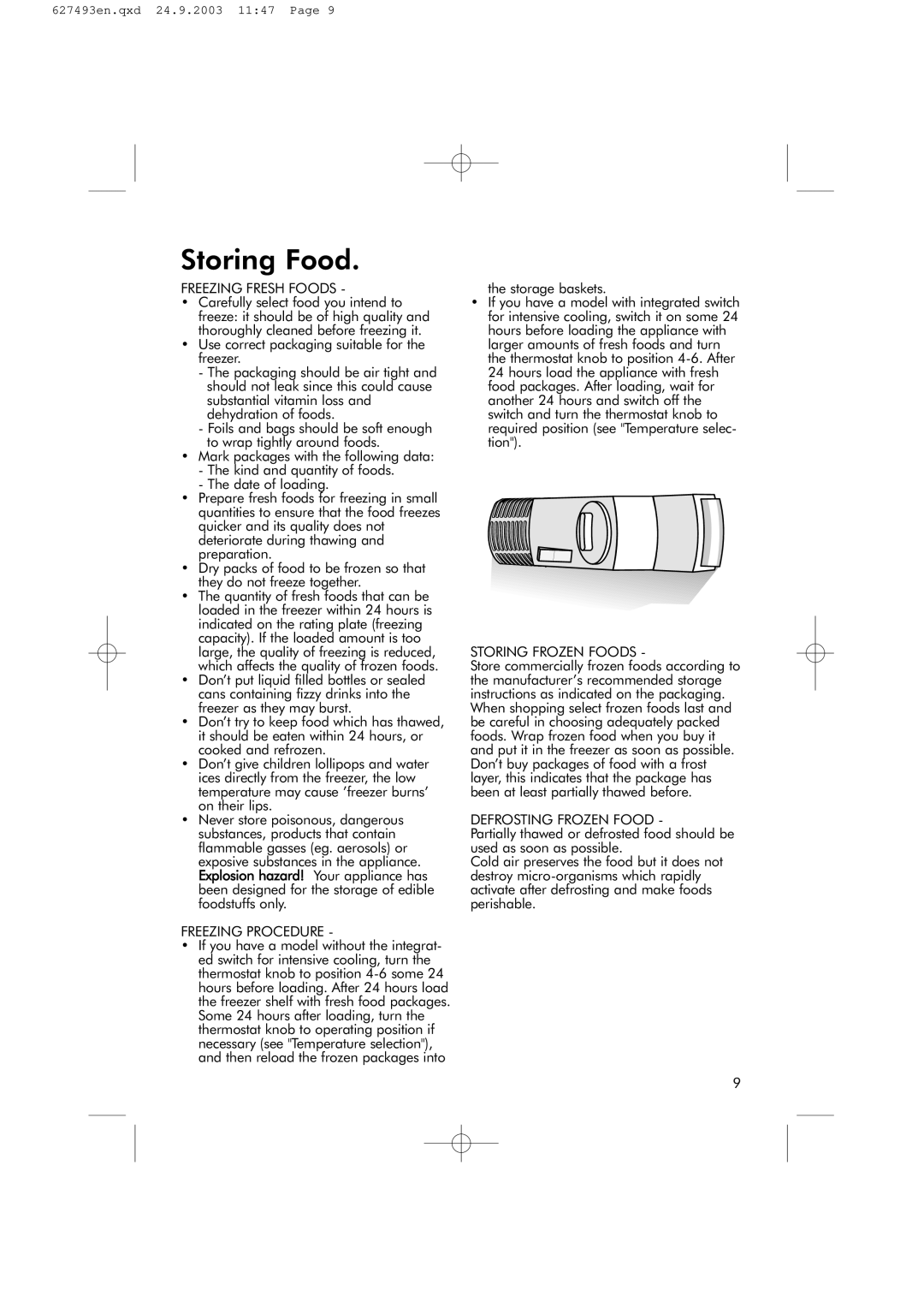 Hotpoint RFR50V manual Freezing Fresh Foods, Freezing Procedure, Storing Frozen Foods, Defrosting Frozen Food 