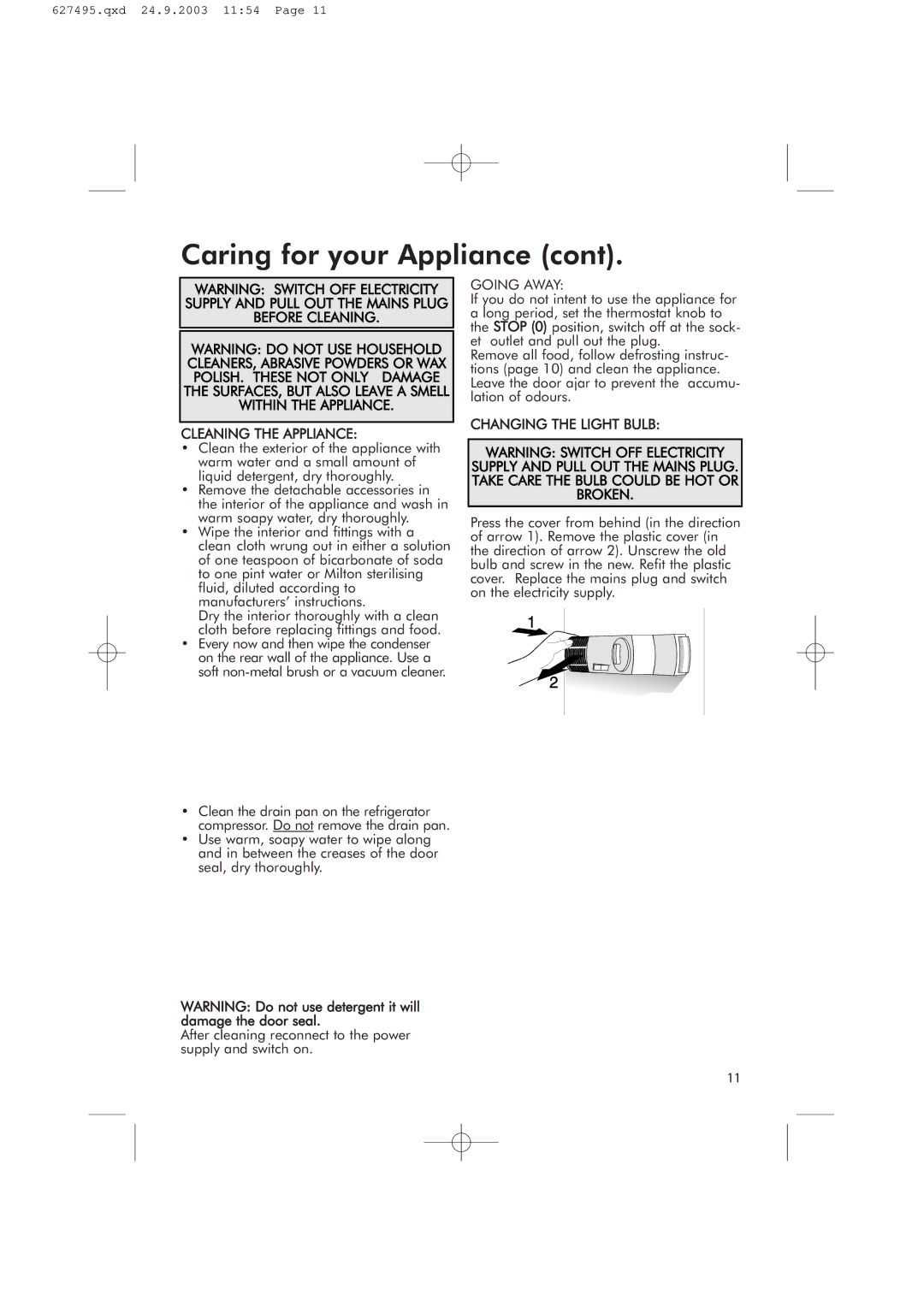 Hotpoint RFR51V manual Cleaning the Appliance 