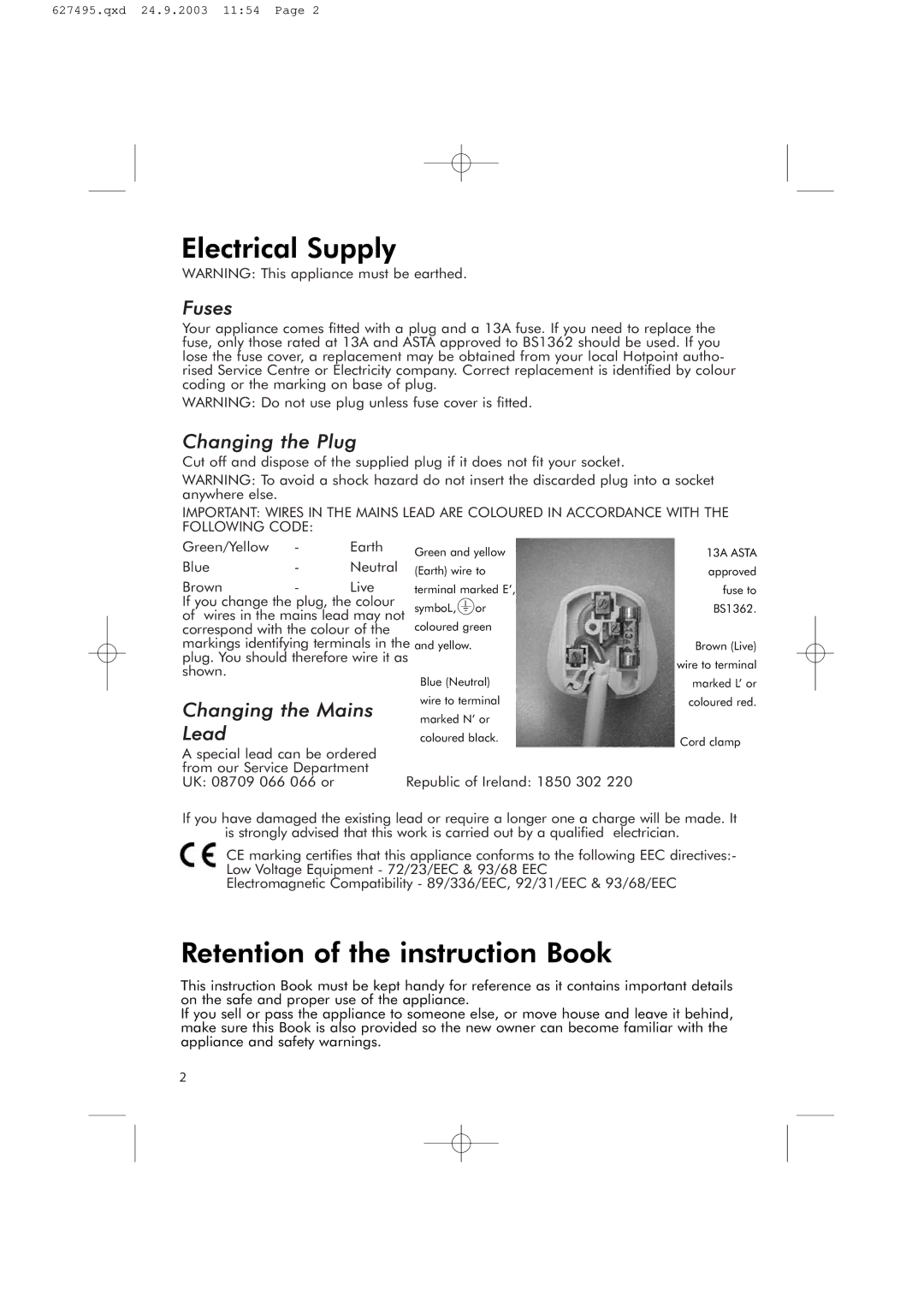 Hotpoint RFR51V manual Electrical Supply 