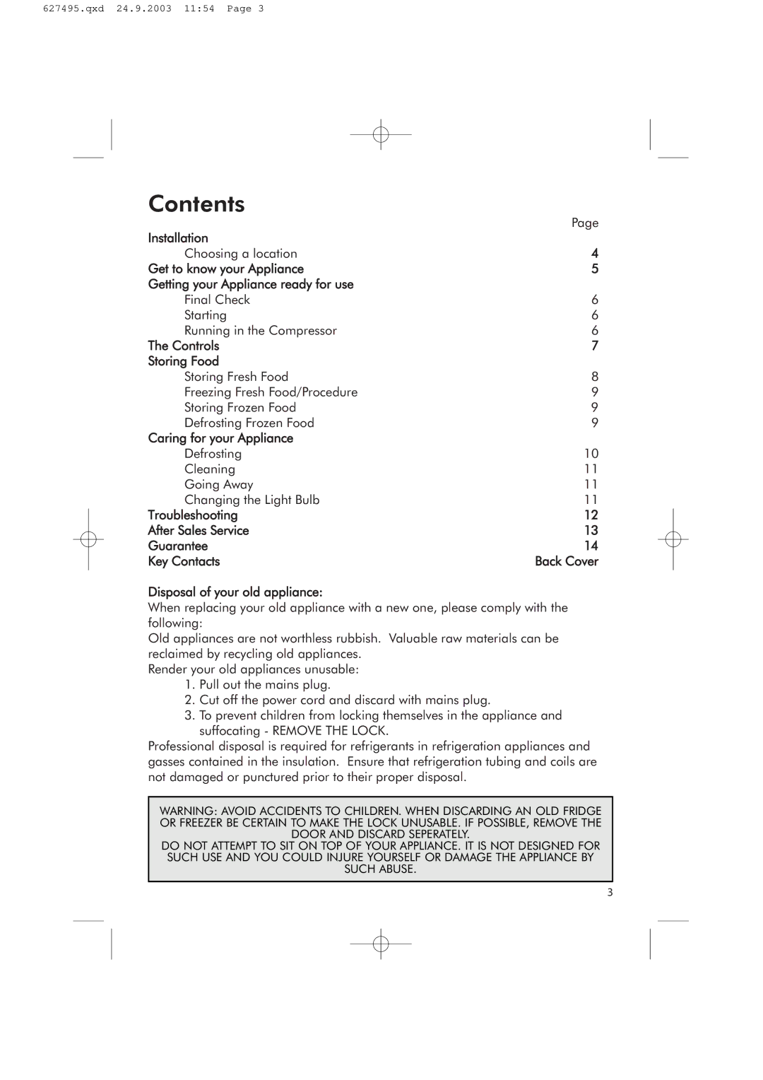 Hotpoint RFR51V manual Contents 