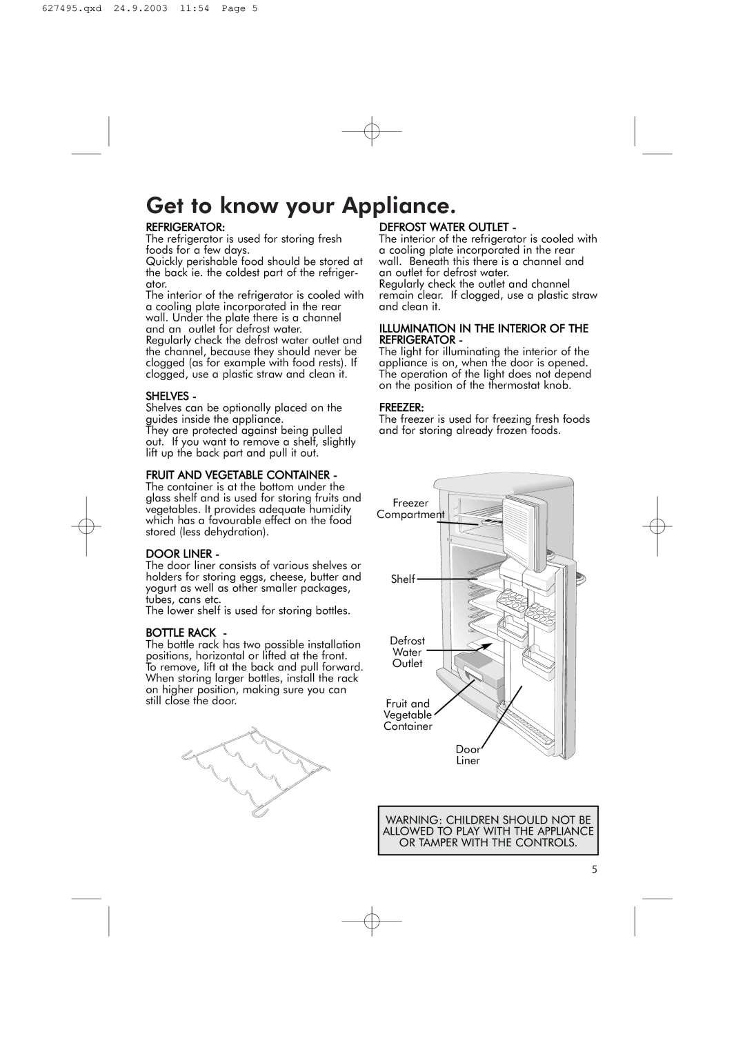 Hotpoint RFR51V manual Get to know your Appliance 