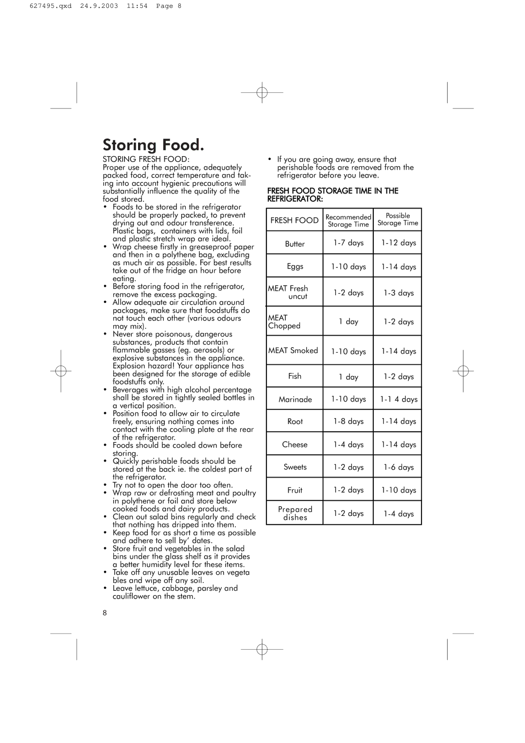 Hotpoint RFR51V manual Storing Food, Storing Fresh Food, Fresh Food Storage Time in the Refrigerator, Meat 